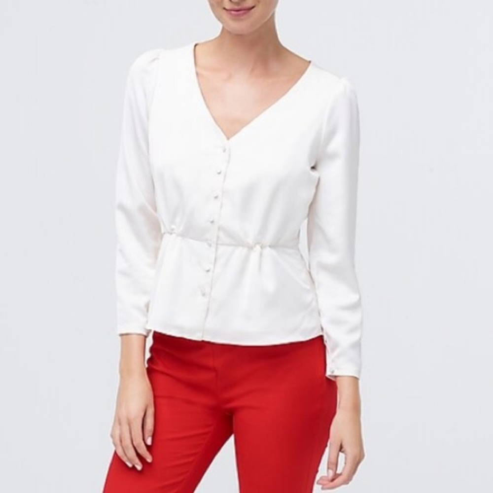 Silk Crepe Peplum Button Blouse, White, J. Crew, 6